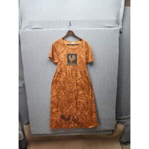 Cactus Bay Womens L Orange Tie-Dye Cotton Dress With Rooster Embroidery & Short
